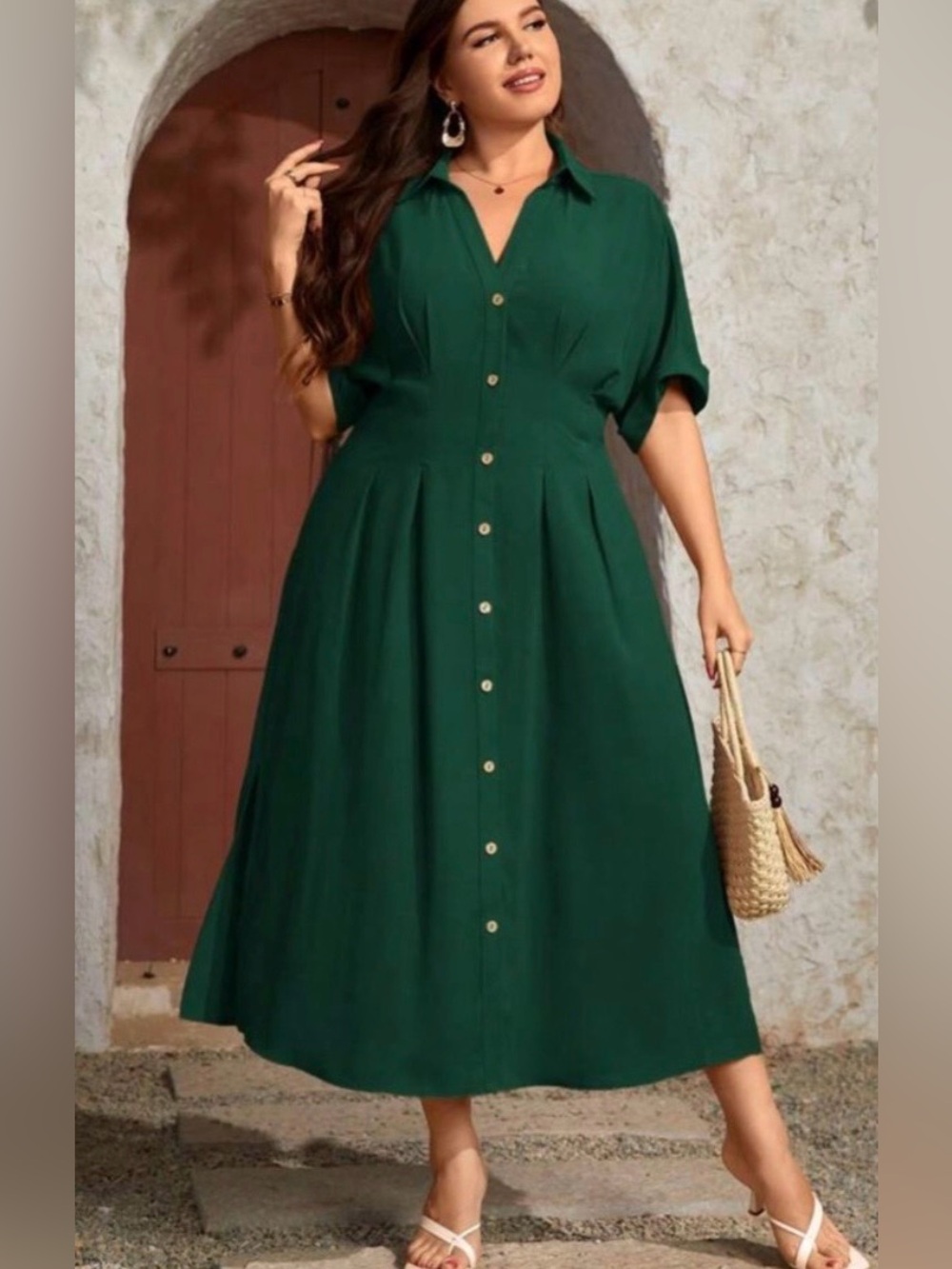 SHEIN LUNE Plus Size 3XL Shirt Dress Button Front Plicated Batwing Sleeve Green